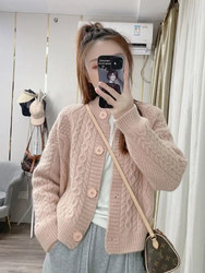 Short Twist Thick Sweater Women's 2023 Autumn and Winter New Korean Style Slim and Versatile Knitted Jacket Cardigan for Small People