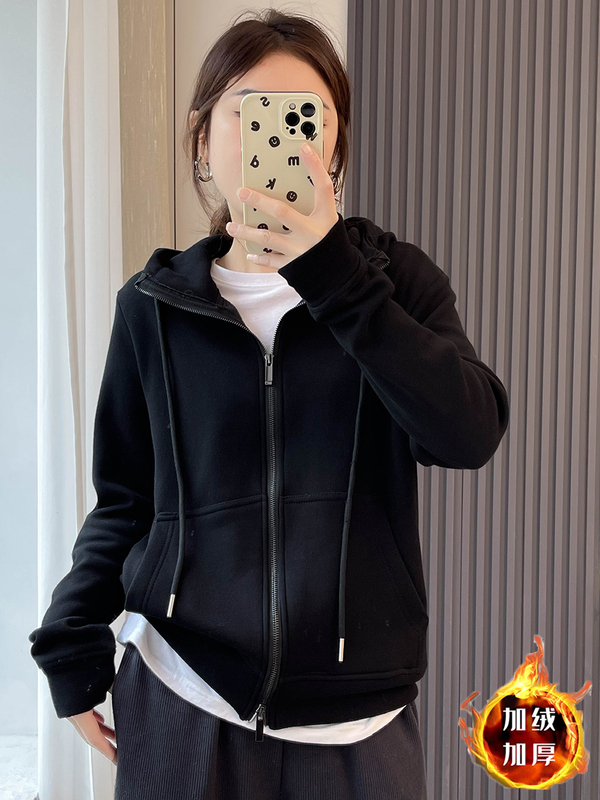 European-Style Warm Double-Zip Sweatshirt Cardigan for Women, Autumn and Winter 2025 New Design Hooded Fleece Jacket Top