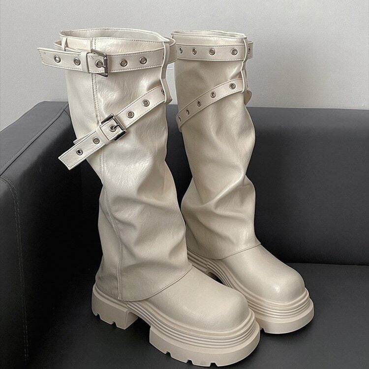 2025 Autumn/Winter New Versatile Thick-Soled Bootcut Boots for Women, British Style Height-Increasing White Long Riding Boots for Petite Women 2025 Autumn/Winter New Versatile Thick-Soled Bootcut Boots for Women, British Style Height-Increasing White Long Riding Boots for Petite Women