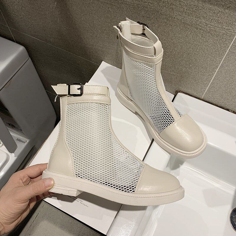 Thin web yarn Martin boots Women 2022 Summer new flat bottom 100 Lapped Breathable Hollowed-out Thick Sole Short Boots Cool Boots Woman