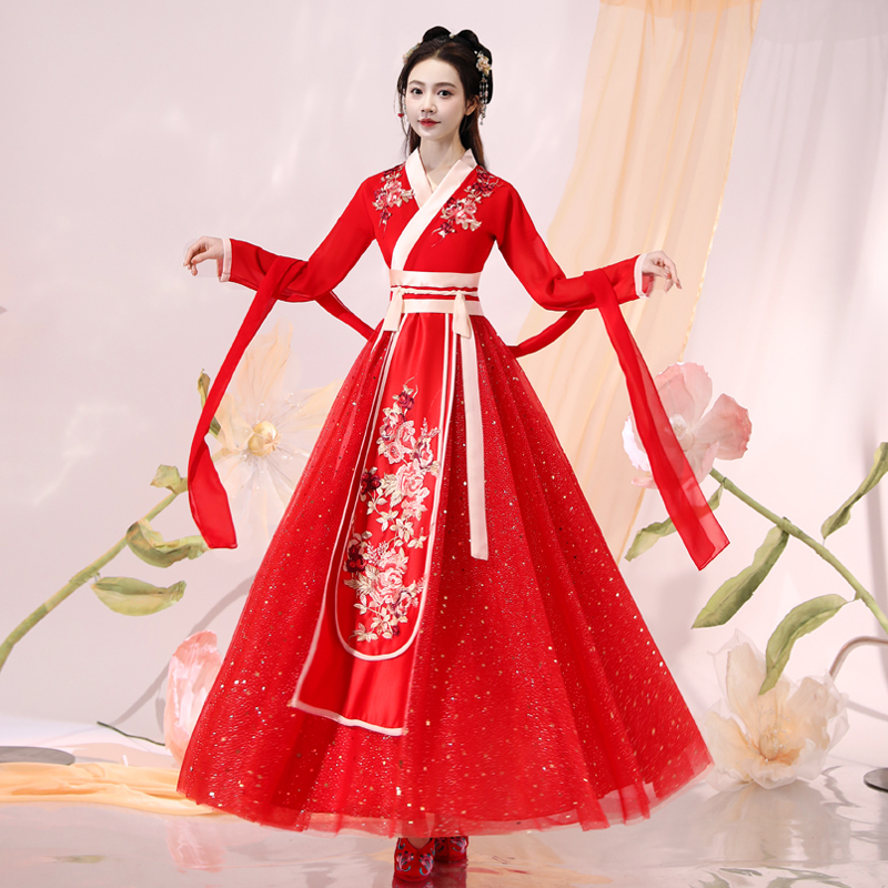 Red Hanfu Modified Ancient Costume, Super Fairy-Like Chinese Style Performance Outfit, Waist-Length Skirt, Ethereal Classical Dance Costume for Women, Flowing
