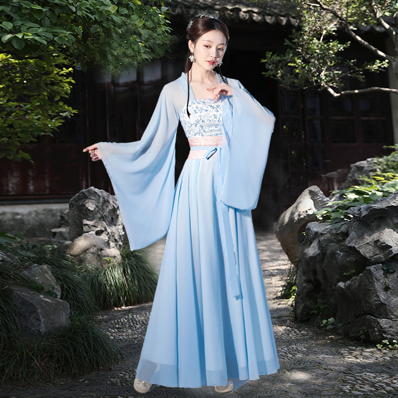 Blue Hanfu Women's Ancient Costume Adult Skirt, Ethereal and Elegant, Ancient Style, Waist-Length, Wide Sleeves, Classical Dance Performance Costume, Super Fairy-Like