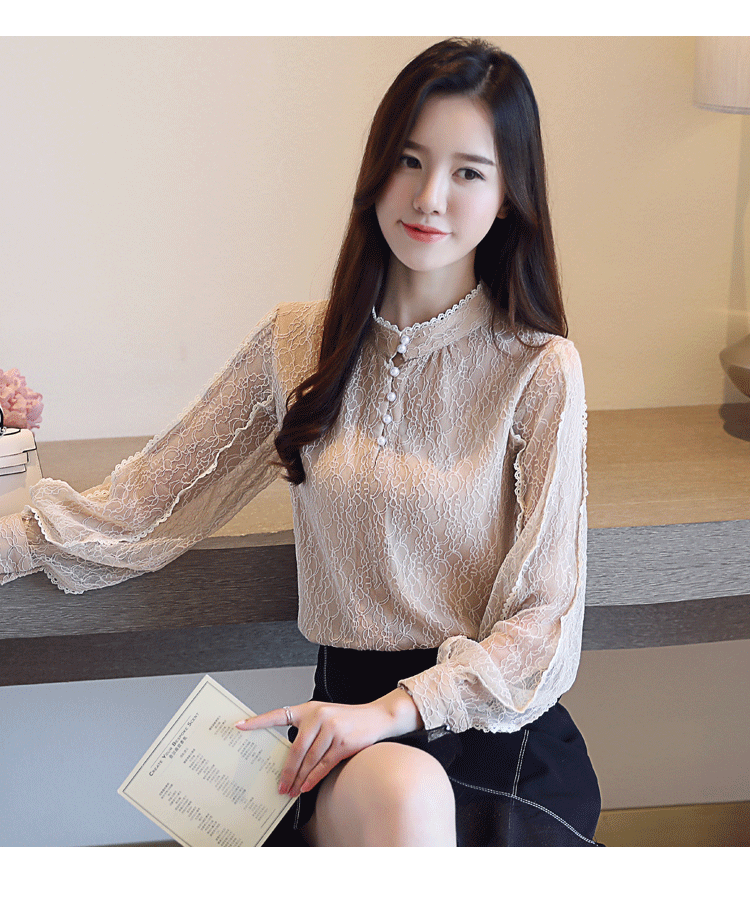 Quần áo voan mùa thu đông nhỏ áo sơ mi cổ lọ ren ren dài tay nữ 2018 mới dày cộng với áo sơ mi nhung áo sơ mi nữ tay ngắn