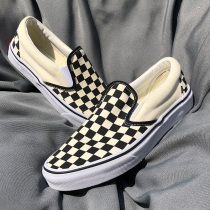 Iboni co-named Cavans one-pedal lazy canvas shoes mens black and white grid feet set pair shoes womens board shoes