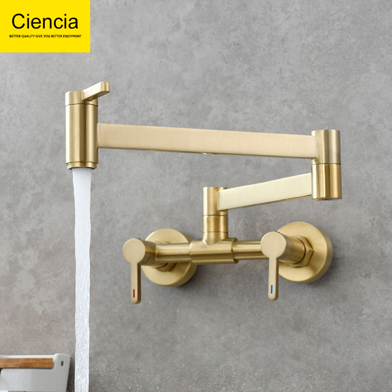 Copper Square Hot and Cold Kitchen Faucet, Wall-Mounted Sink Faucet, Foldable and Extendable Three-Switch Faucet