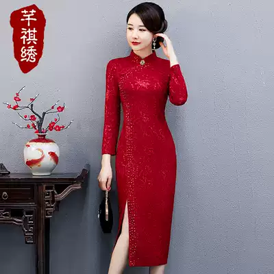 Hot Diamond new cheongsam modified version autumn and winter wedding middle-aged female mother dress banquet long version elegant dress