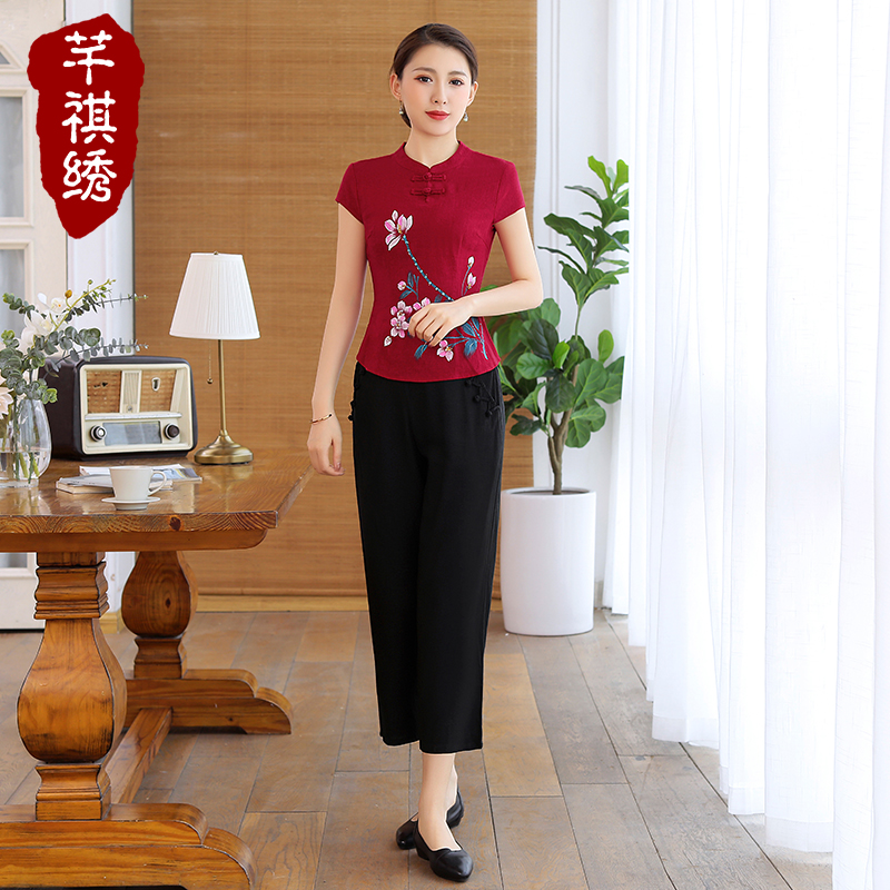 Cải thiện lanh thời trang cotton ngắn tay sườn xám đầu vẽ tay Folk Phong cách Tang phù hợp hàng ngày mẹ đầm đầm cưới cô gái