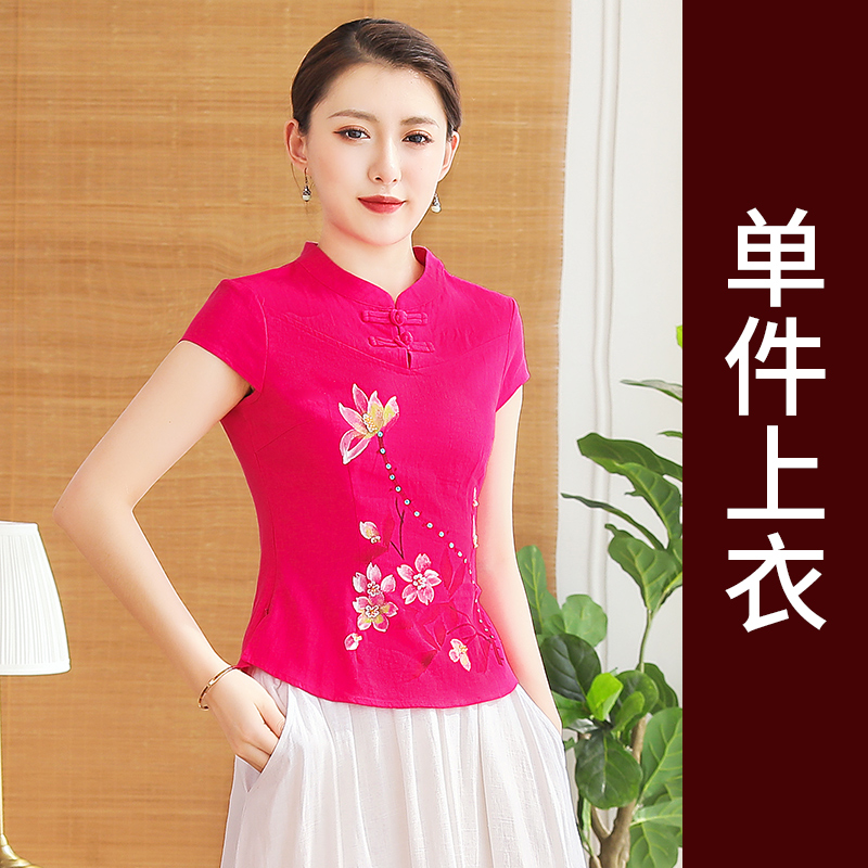 Cải thiện lanh thời trang cotton ngắn tay sườn xám đầu vẽ tay Folk Phong cách Tang phù hợp hàng ngày mẹ đầm đầm cưới cô gái