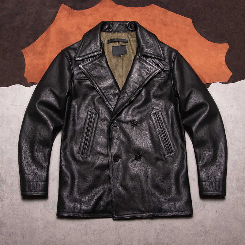Navy 740 Retro Mid-Length Leather Coat, Large Size, Double-Breasted, Genuine Leather, Thick Soft Top-Layer Cowhide Jacket for Men
