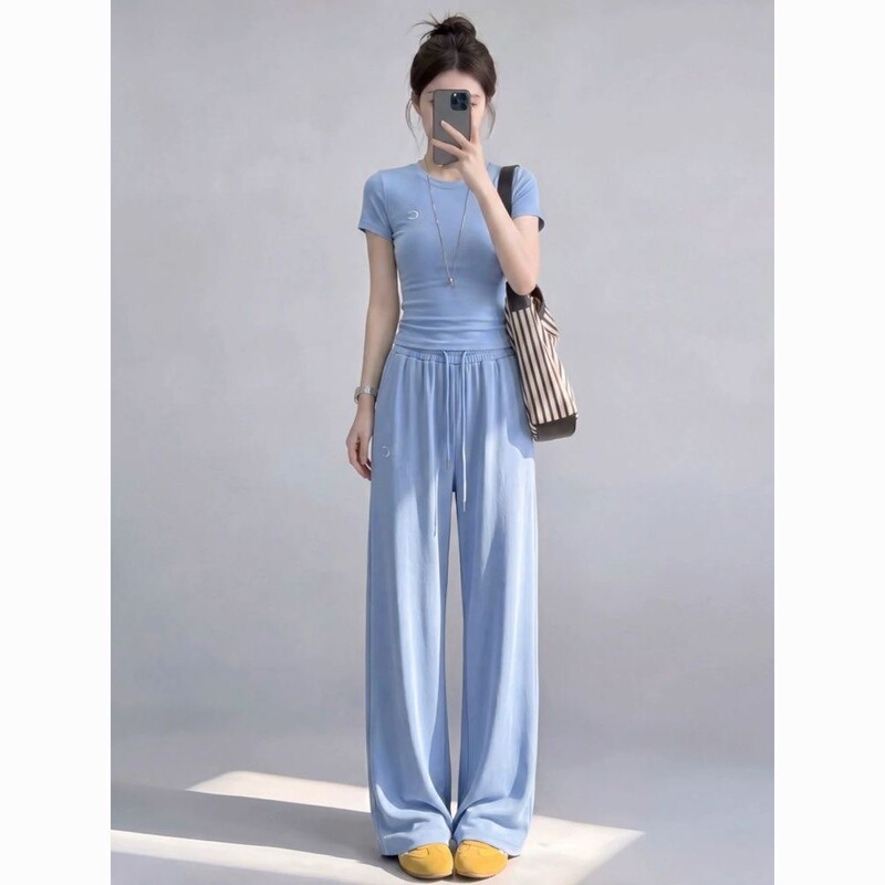 2026 New Summer Women's Fashion Set Blue Short-Sleeved Top + Blue Long Pants