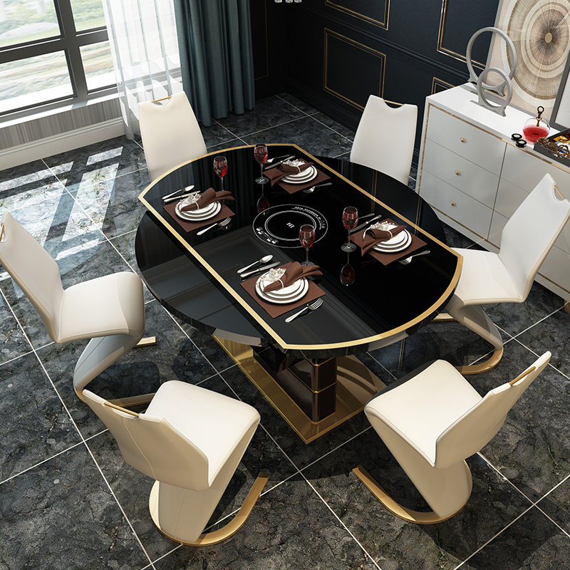 Postmodern dining table and chair combination retractable and foldable household modern dining table light luxury induction cooker multifunctional round dining table