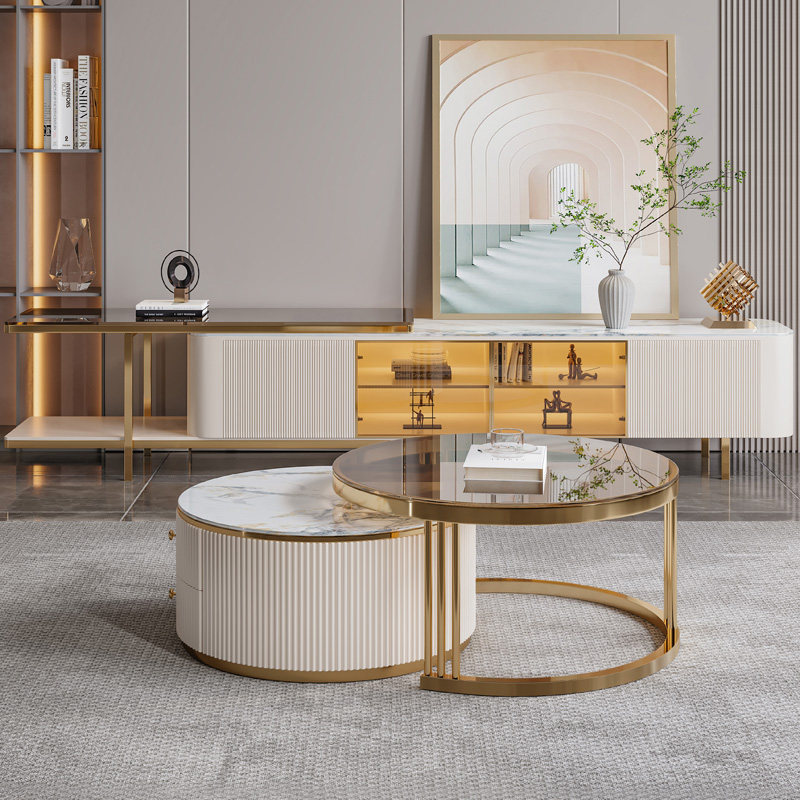 Bright slate coffee table TV cabinet combination modern minimalist light luxury telescopic TV cabinet living room white new