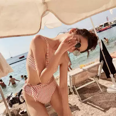 Star same swimsuit female summer small chest sexy three-point bikini two-piece set Net red ins Wind holiday