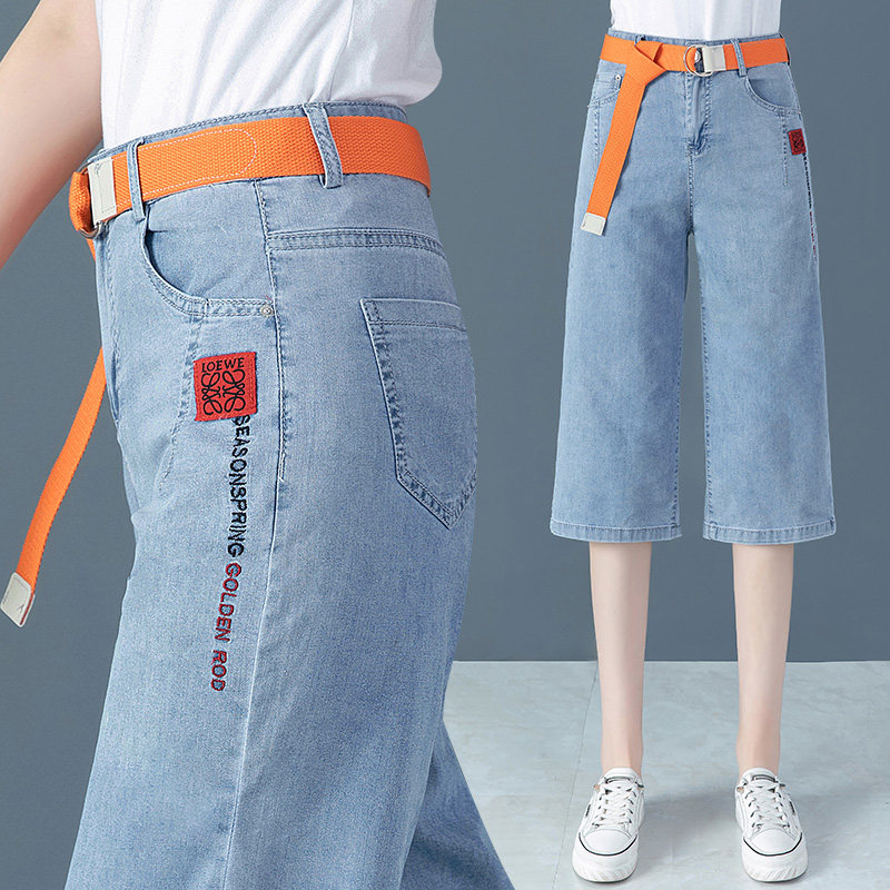 Thin denim wide-leg pants women's 2022 new summer five-point high waist slim straight loose cropped pants
