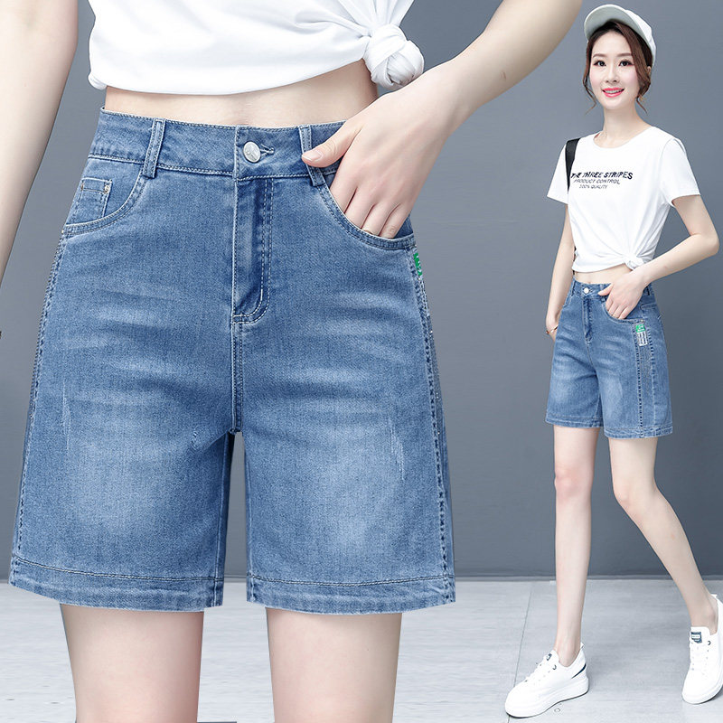 Denim Shorts Woman 2022 Summer New Korean version Loose Straight Cylinder 50% Pants High Waist Display Slim Harbour Taste Casual 50% Pants