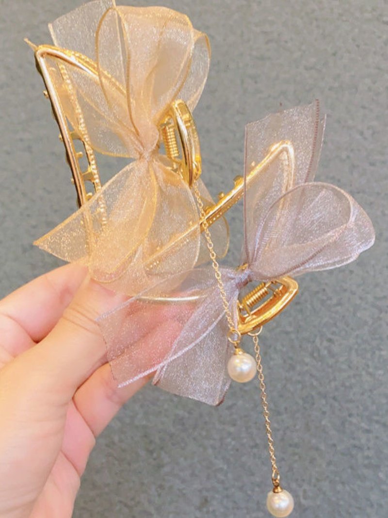 New Style Mesh Pearl Tassel Metal Claw Clip, Elegant Girl's Shark Hair Clip, Trendy Ins Hair Clip