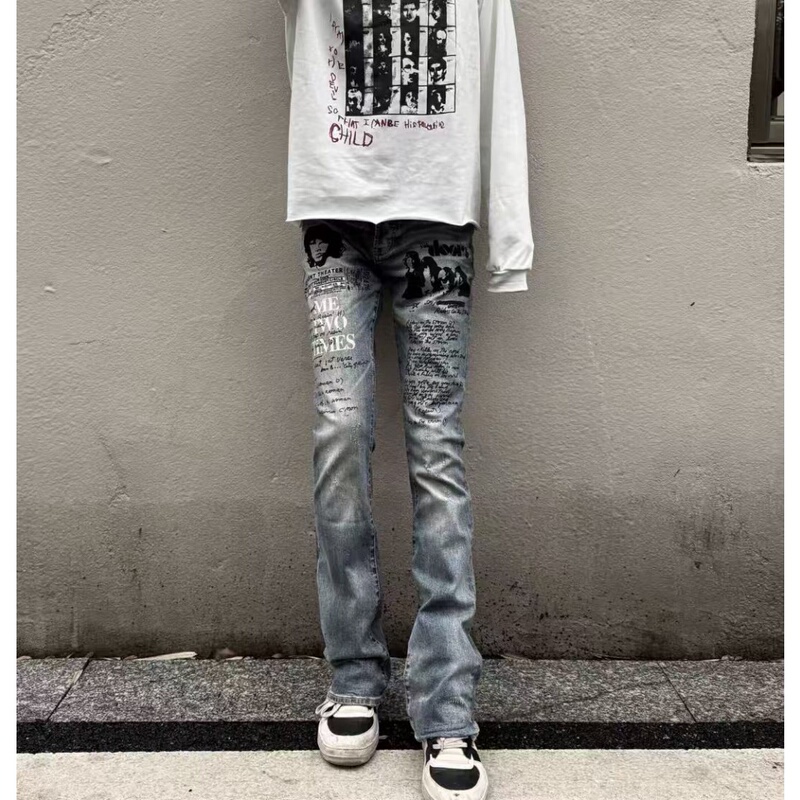 Trendy Brand Cleanft Washed Slim Fit Flared Vibe Spring and Autumn Head Print Jeans for Men