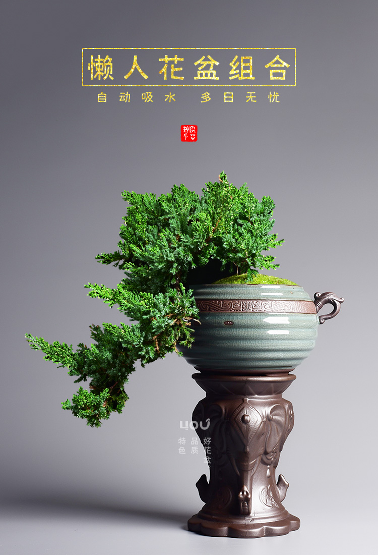 Lazy flowerpot automatic suction pot brother ceramic up creative household indoor potted bracketplant Chinese style bonsai pot