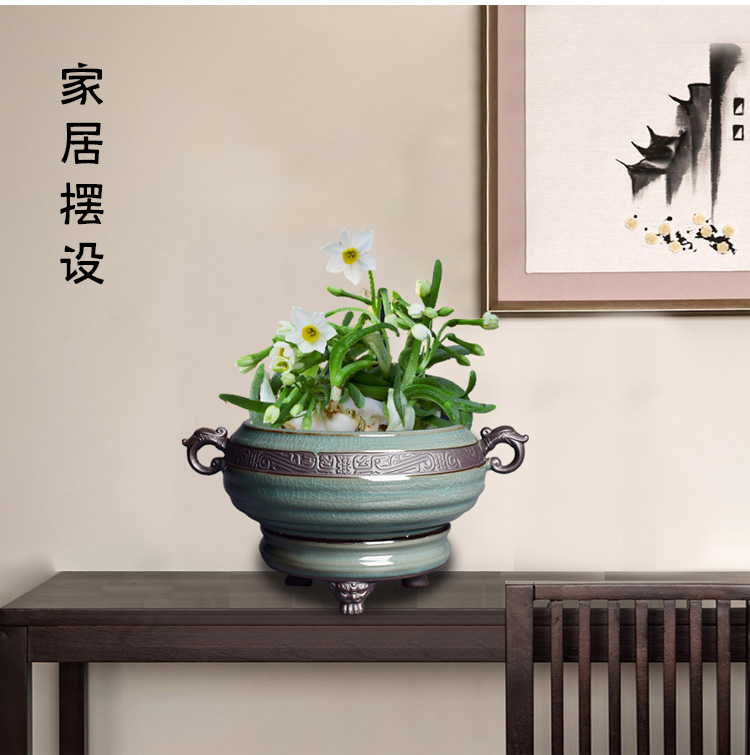 Chinese wind brother up refers to flower pot ceramic hydroponic copper water a plant grass household utensils to use lotus leaf lotus basin