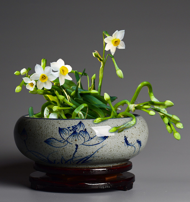 Huai daffodils basin hand - made ceramic restoring ancient ways round copper wire grass hydroponic water lily leaf lotus king faceplate