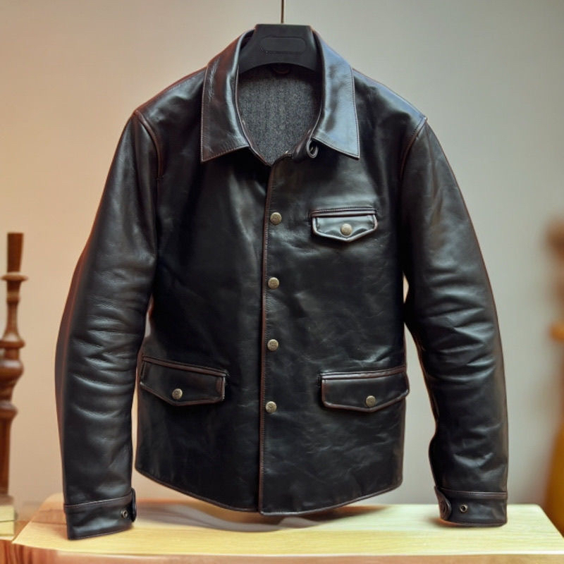 Classic Biker Vintage Distressed Leather Jacket for Men, Tea Core Horsehide Motorcycle Style Genuine Leather Coat with Lapel Classic Biker Vintage Distressed Leather Jacket for Men, Tea Core Horsehide Motorcycle Style Genuine Leather Coat with Lapel