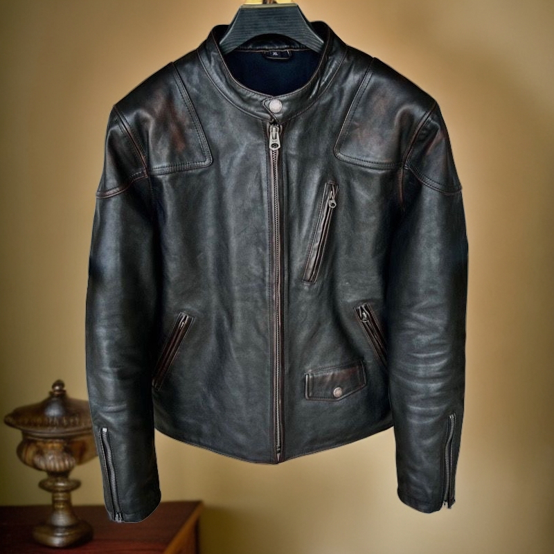 Venom Tea Core Horse Leather Jacket, Washed and Distressed, Tom Hardy Classic Style, American Retro Stand Collar Short Biker Jacket