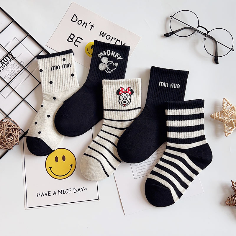 Children's Socks for Autumn and Winter, Cartoon Anime Mickey, Girls' Student Sports Black and White Striped Mid-High Tube Trendy Cotton Socks