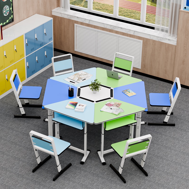 Hexagonal Splicing Desks and Chairs, Student Training Table Set, Hexagonal Table, Classroom Reading Activity Table, Computer Desk