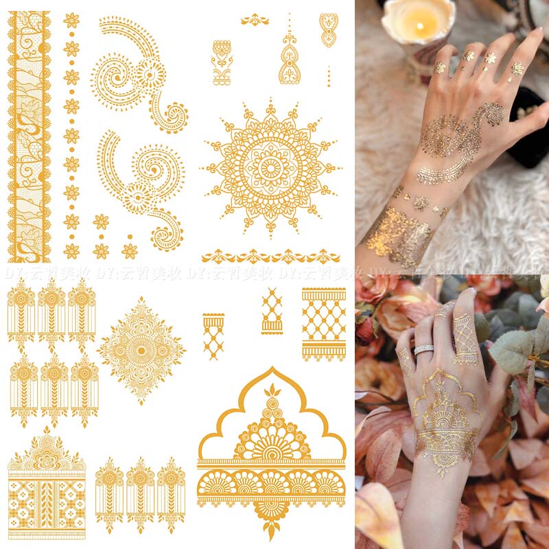 Golden Empress Series Gold Foil Lace Tattoo Stickers High-Quality Personalized Waterproof Long-Lasting Realistic Gold Henna Stickers