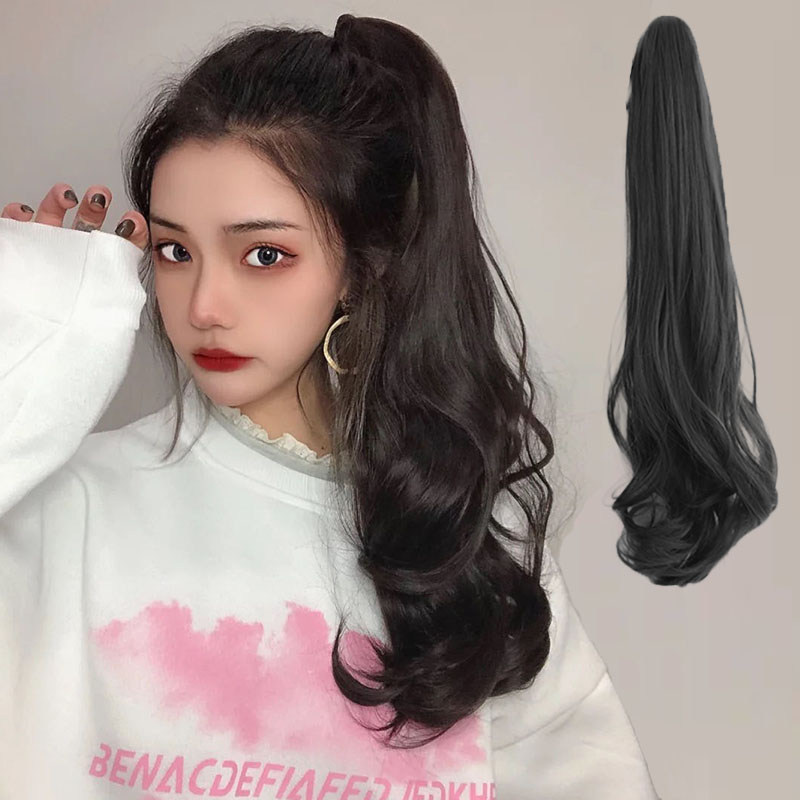 Wig female ponytail long hair bandage type big wave long curly hair natural seamless fluffy grab clip-type high ponytail braid