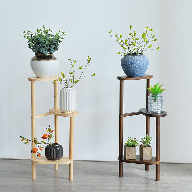 Nordic Solid Wood Triple Floor Landing Flower Shelf Light Extravagant Log Triangle Wall Corner Flower Shelf Shelf Balcony Small Family Type