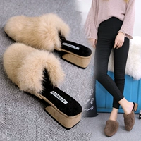 Giày len nữ châu Âu 2018 thu đông mới dày với mặc bên ngoài Muller cotton chic nửa dép xã hội dép sandal nữ đi học