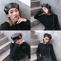 Black PU leather hat female summer thin solid color flat top beret Net red British retro Joker temperament painter temperament painter hat