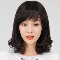 Wig female middle aged mother Medium long long curly round face hairstyle temperament oblique bangs Pear flower head Full head cover style