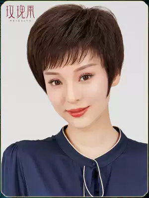 Wig female short hair straight hair really send mother real hair lady middle-aged full headgear wig fluffy natural