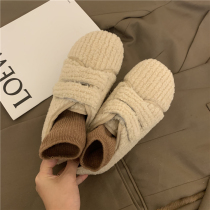 2022 new beanie shoes womens autumn and winter Korean version all-match student Velcro plus velvet warm cotton shoes flat fur shoes