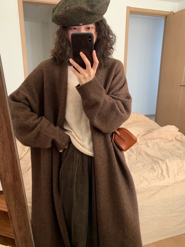 Meilaka Autumn and Winter Outerwear, Lazy Style, Over-The-Knee Mid-Length Knitted Cardigan for Women, Loose, Slimming, Soft and Gentle Coat
