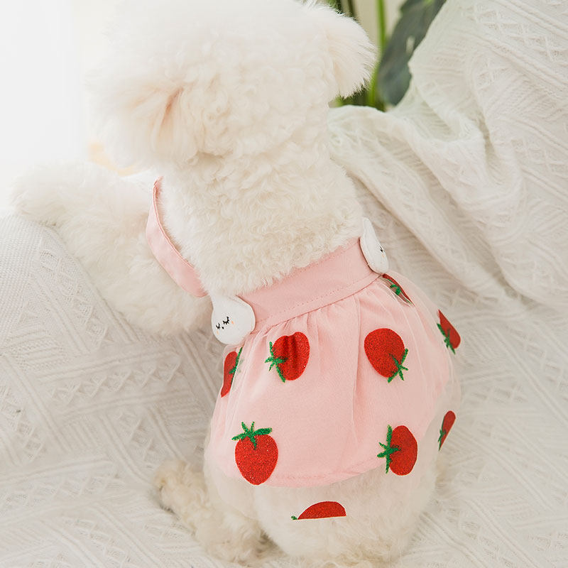Summer Strawberry Nets Dress Puppy Dog Dress Teddy Bear Pets Small Puppy Cat Summer