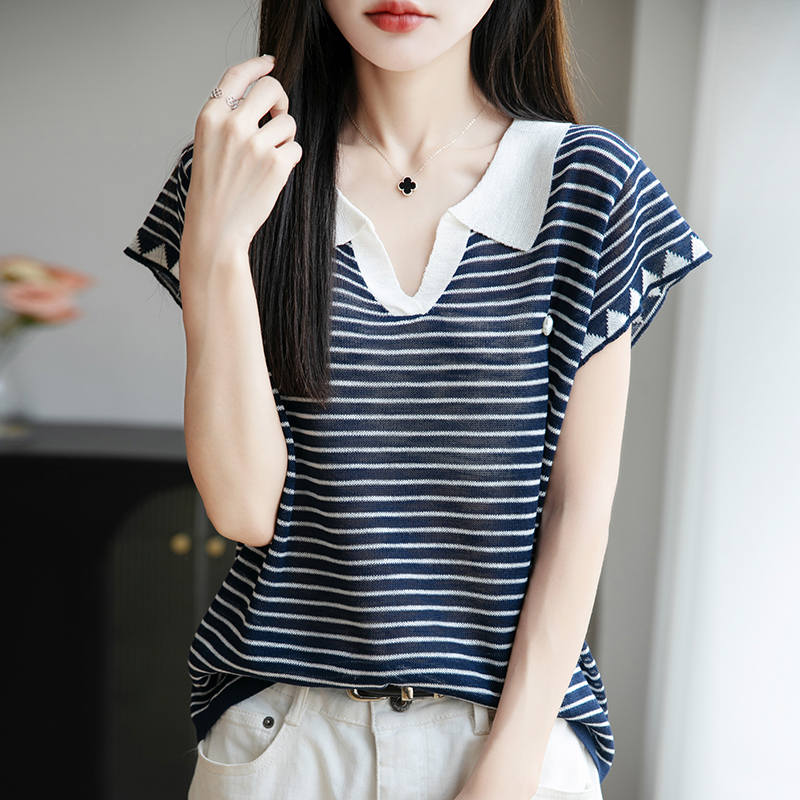 Color-Blocked Striped Knit Short-Sleeve T-Shirt, Slim-Fit Polo Collar Top, Bamboo Fiber Cool-Touch Slimming T-Shirt