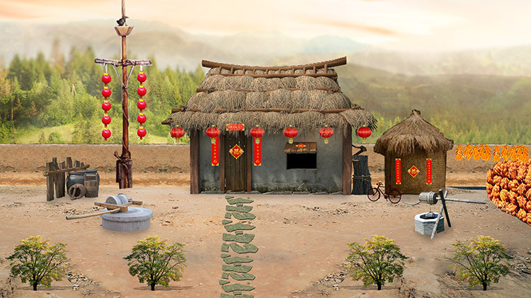 Small Wooden House, Thatched Hut, Yard, Stone Mill, Grain Warehouse, Stone Path, Small Tree, Water Well, High-Definition Led Large Screen Stage Image Small Wooden House, Thatched Hut, Yard, Stone Mill, Grain Warehouse, Stone Path, Small Tree, Water Well, High-Definition Led Large Screen Stage Image