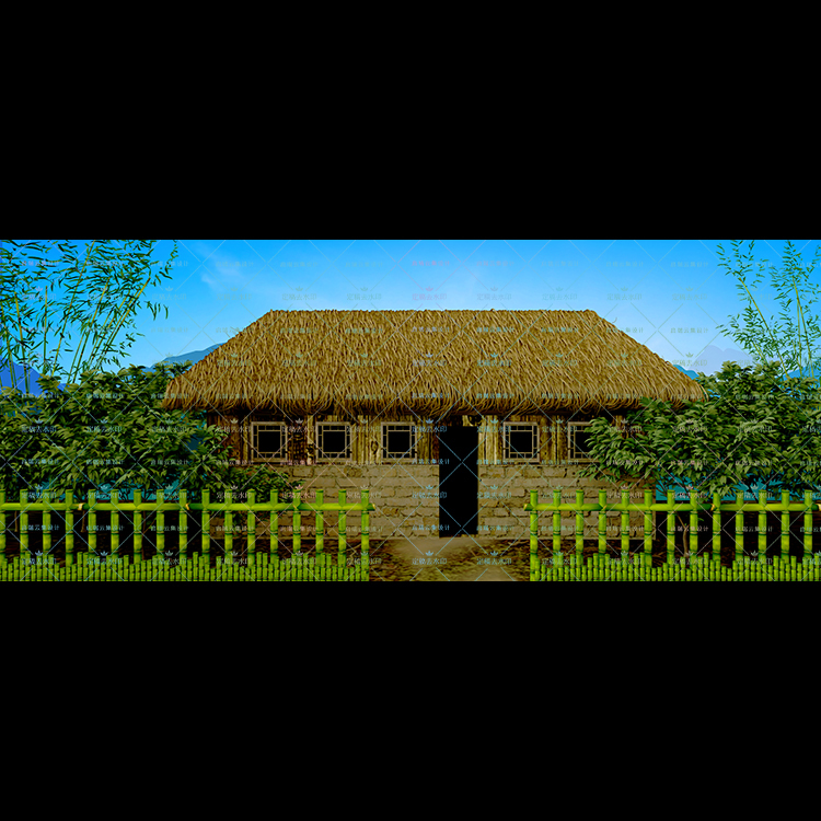 Bamboo Fence, Bamboo Forest, Mulberry Orchard, Thatched Hut, Blue Sky and White Clouds, High-Definition Led Large Screen Stage Background Image