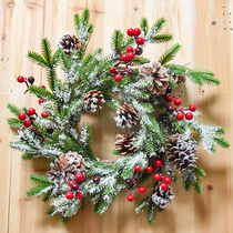 Christmas wreath PE pine branches snow scene with white pine fruit red berries upside down tree shop window Christmas door hanging