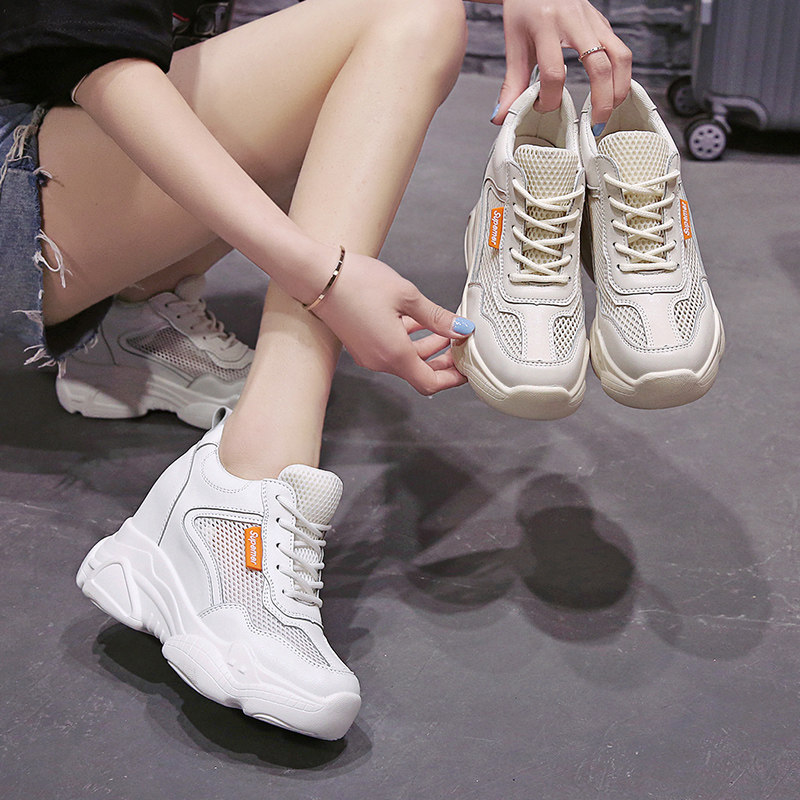 2023 summer new 10cm height increase breathable small white shoes women's net shoes thick bottom all-match daddy casual sports shoes