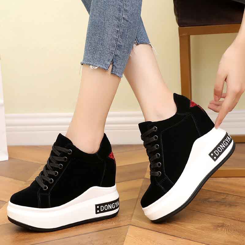 2022 autumn new 10cm height-increasing small black shoes women's high-heeled wedge-heeled thick-soled muffin casual sneakers single shoes