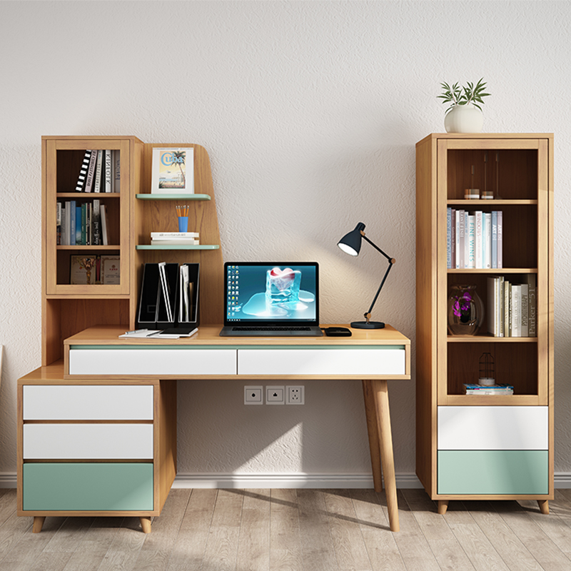 Nordic Wood Bookcase Desk Computer Desk Combination Of One Bedroom