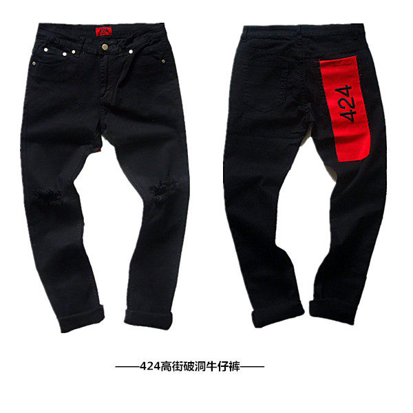 High Street KanyeWest ripped jeans slim ຫະພາບເອີຣົບແລະອາເມລິກາຂອງຜູ້ຊາຍ trendy knee ripped pants GD