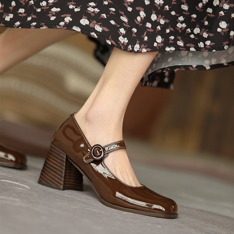 Blame ~ Mary Jane shoes in 2021 spring and summer high heels high - heel shoes retro - square shoes small leather shoes