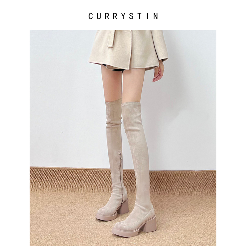 White Thick-Soled Boots for Women, Petite Long Boots, 2025 New Autumn and Winter Light-Colored High-Heeled High-Tube Long Boots, Over-The-Knee Boots