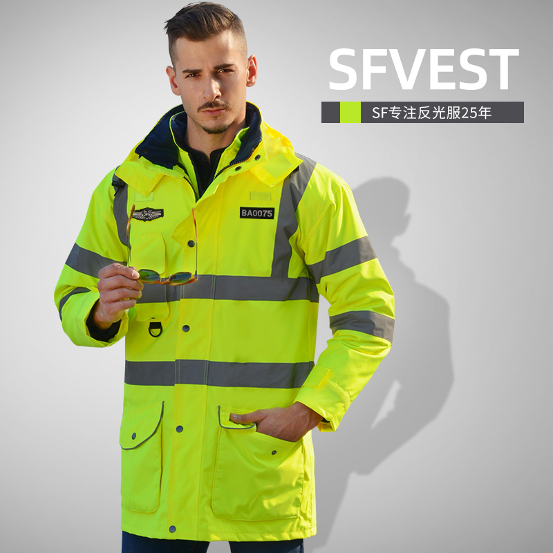 Long reflective cotton clothes traffic assistant clothes highway safety clothes cotton jacket coat coat coat handover raincoat man