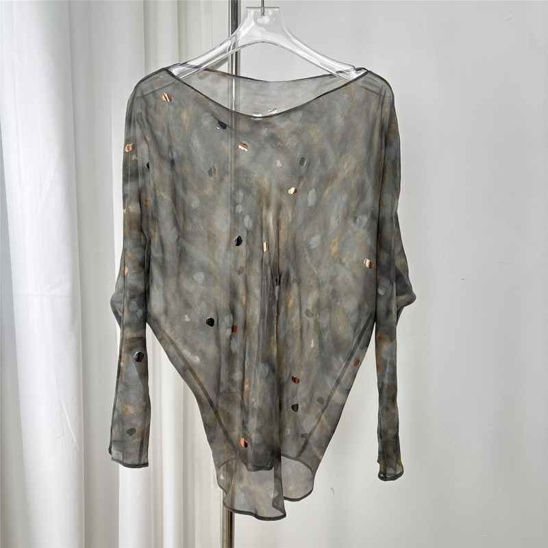 Yuan~Spanish Cort*26 Spring/Summer New Silk Gradient Metallic Print Off-Shoulder Top Mulberry Silk Shirt for Women Yuan~Spanish Cort*26 Spring/Summer New Silk Gradient Metallic Print Off-Shoulder Top Mulberry Silk Shirt for Women